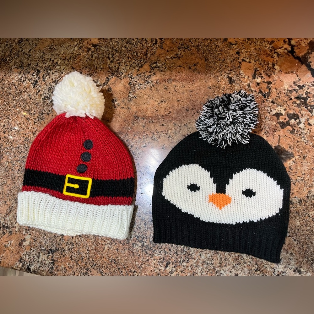 Kids holiday beanie hats - Penguin and Santa